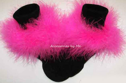 Frilly Hot Pink Marabou Feathers Trim Black Socks