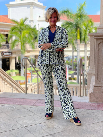 GREEN AND NAVY PALM PALAZZO PANT