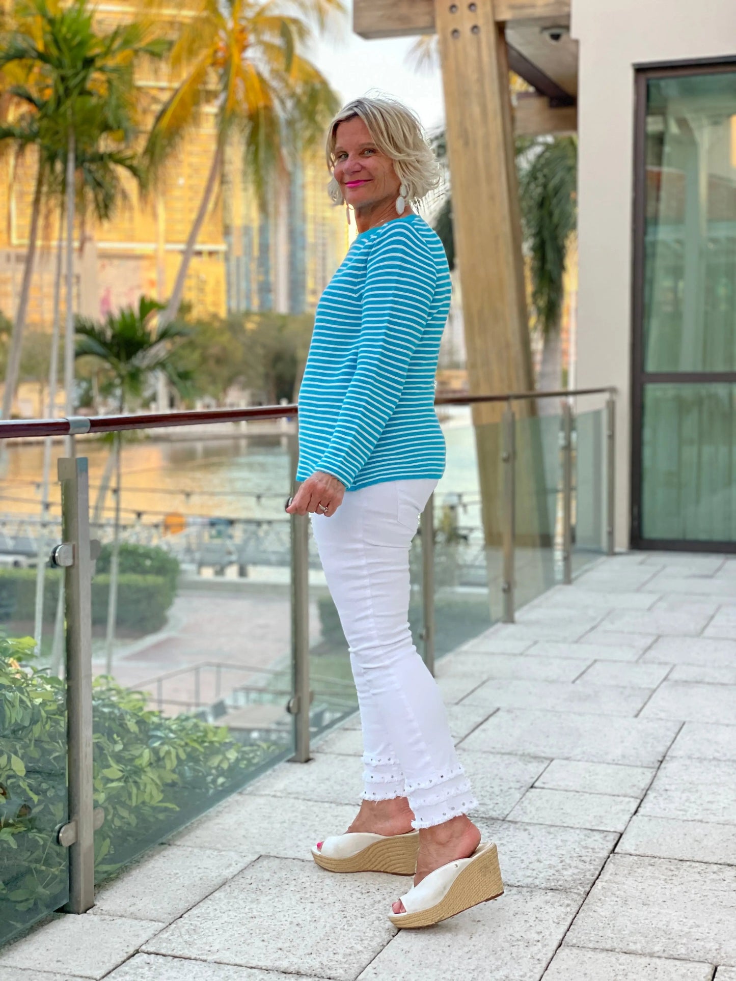 AQUA STRIPE BOATNECK TOP
