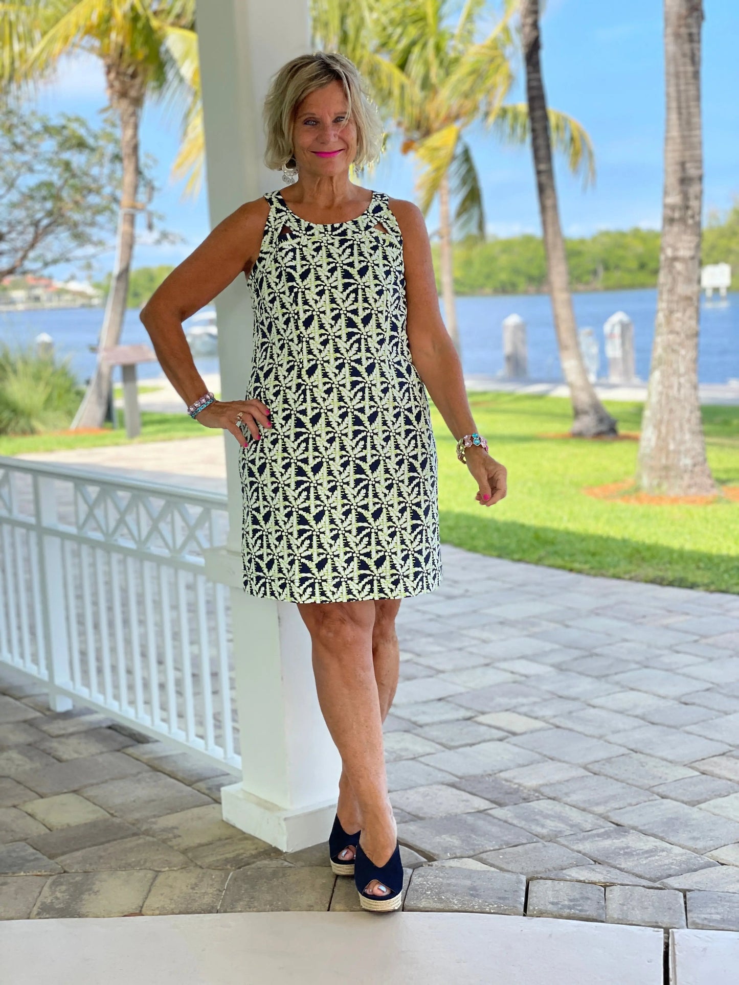 GREEN AND NAVY PALM HALTER DRESS