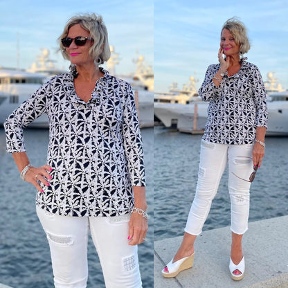 BLACK AND BEIGE 3/25 RUFFLE TOP