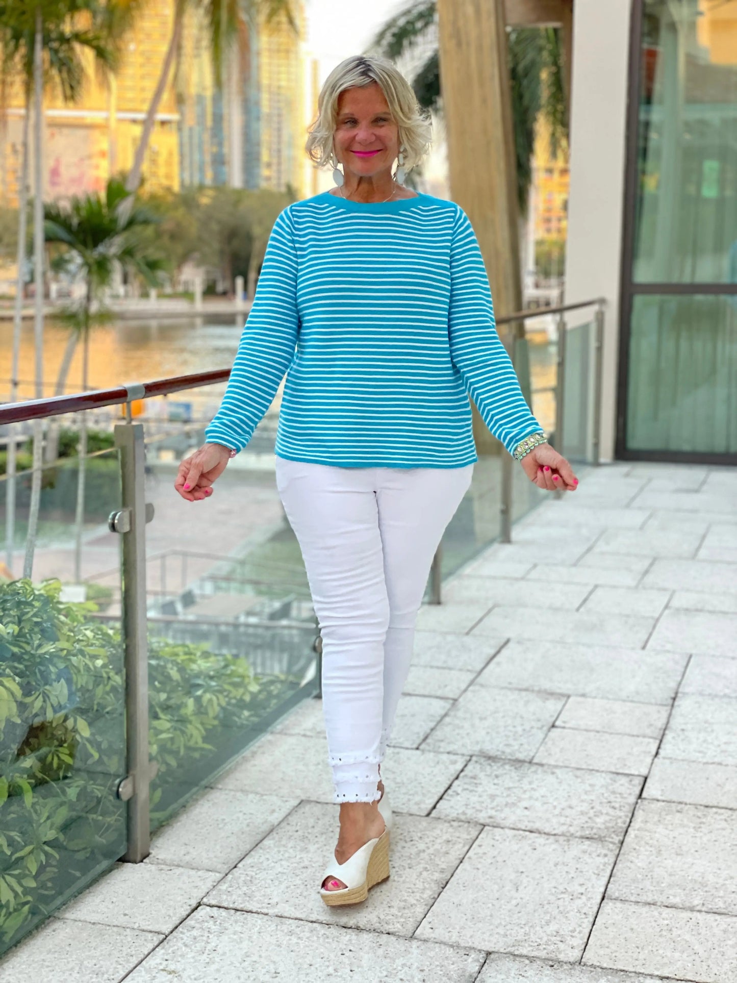 AQUA STRIPE BOATNECK TOP