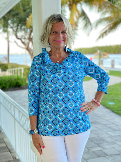 BAHAMA BLUE RUFFLE TOP