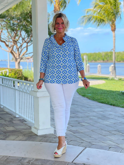 AQUA DIAMONDS  RUFFLE TOP