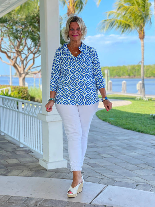 AQUA DIAMONDS  RUFFLE TOP