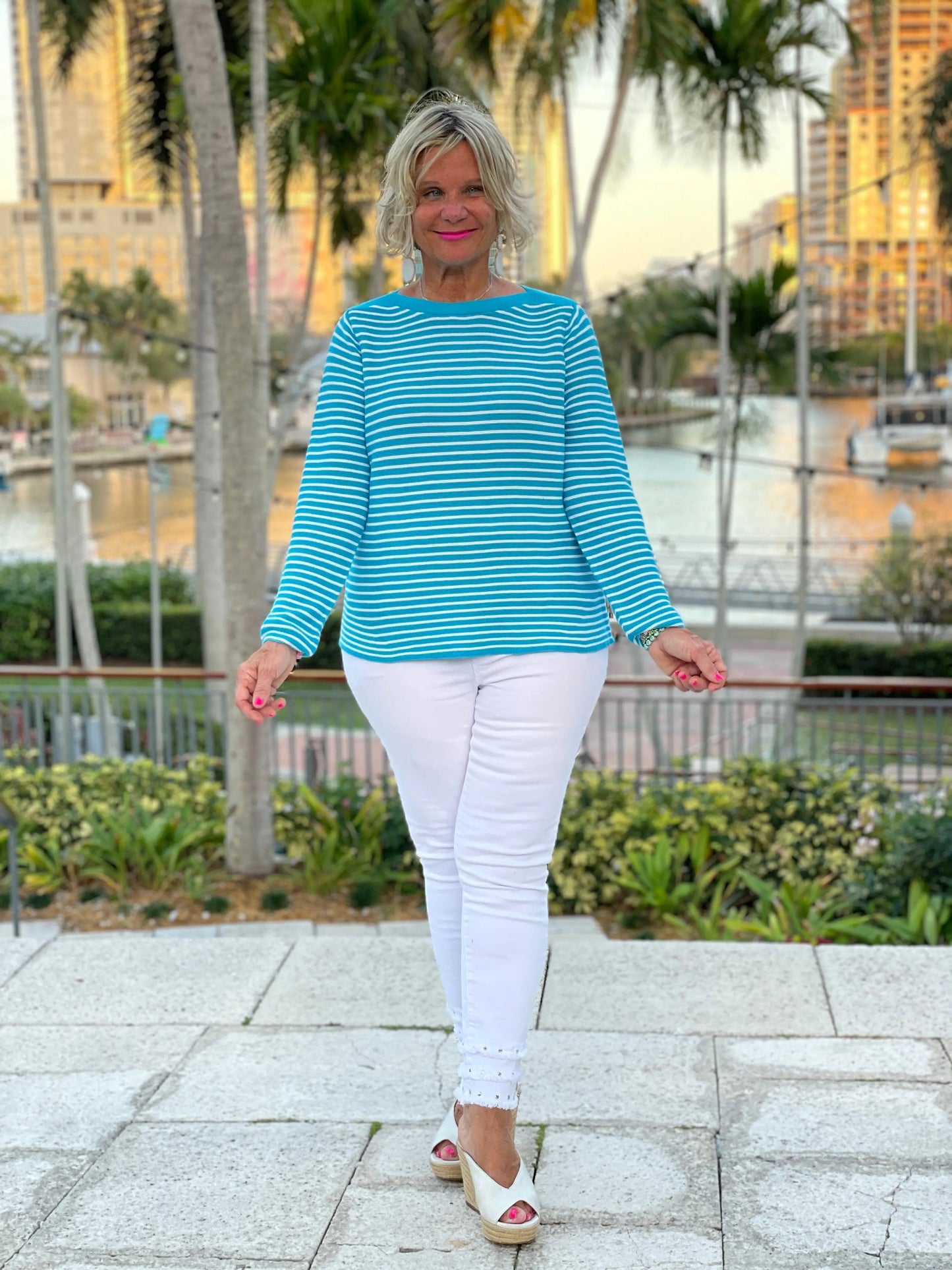 AQUA STRIPE BOATNECK TOP