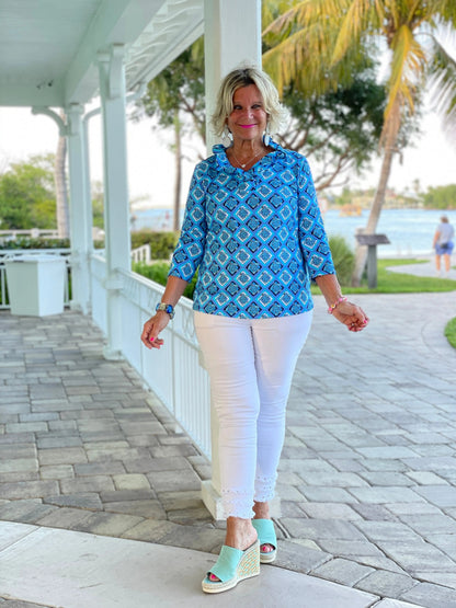 BAHAMA BLUE RUFFLE TOP