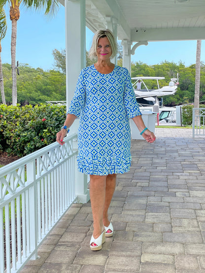 AQUA DIAMOND RUFFLE SLEEVE DRESS