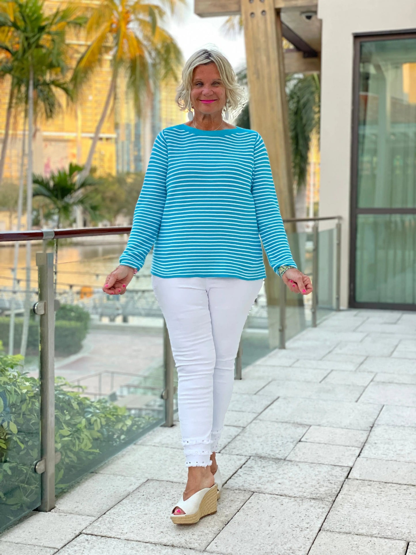 AQUA STRIPE BOATNECK TOP