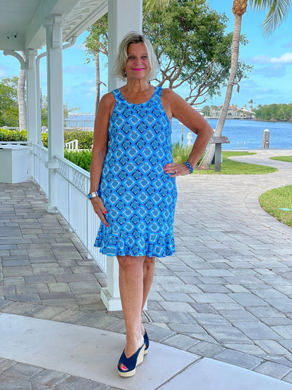 BAHAMA BLUE TURTLE HALTER  RUFFLE DRESS