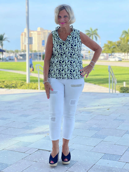 GREEN NAVY PALM SLEEVELESS RUFFLE TOP