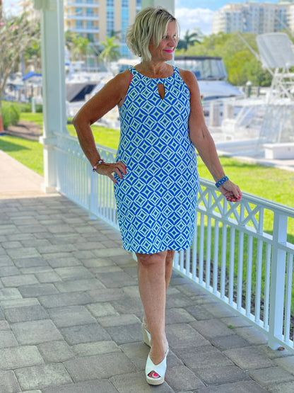 AQUA DIAMONDS KEYHOLE DRESS