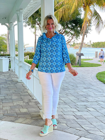 BAHAMA BLUE RUFFLE TOP