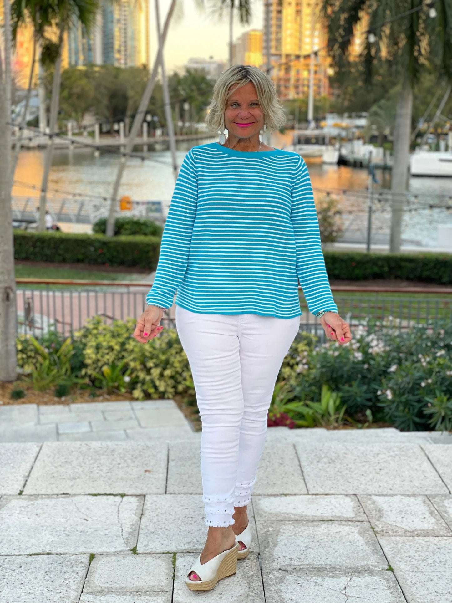 AQUA STRIPE BOATNECK TOP