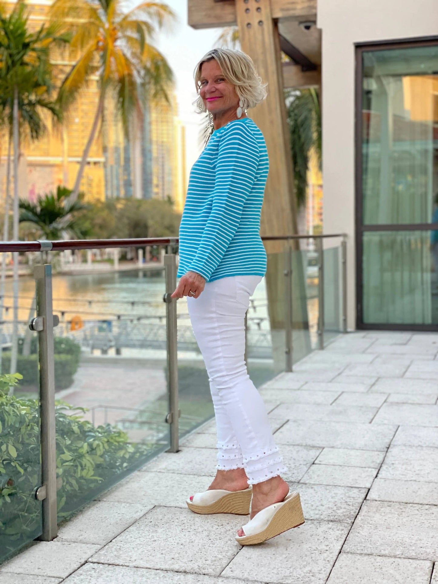 AQUA STRIPE BOATNECK TOP