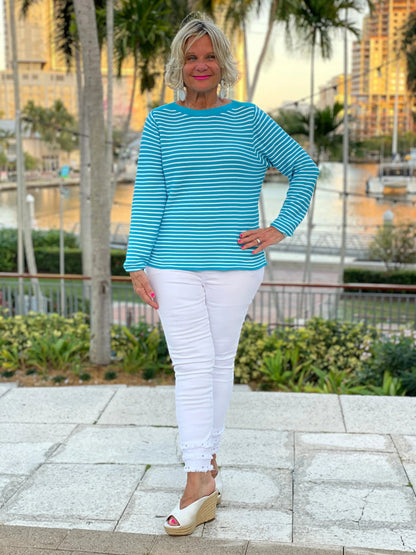 AQUA STRIPE BOATNECK TOP