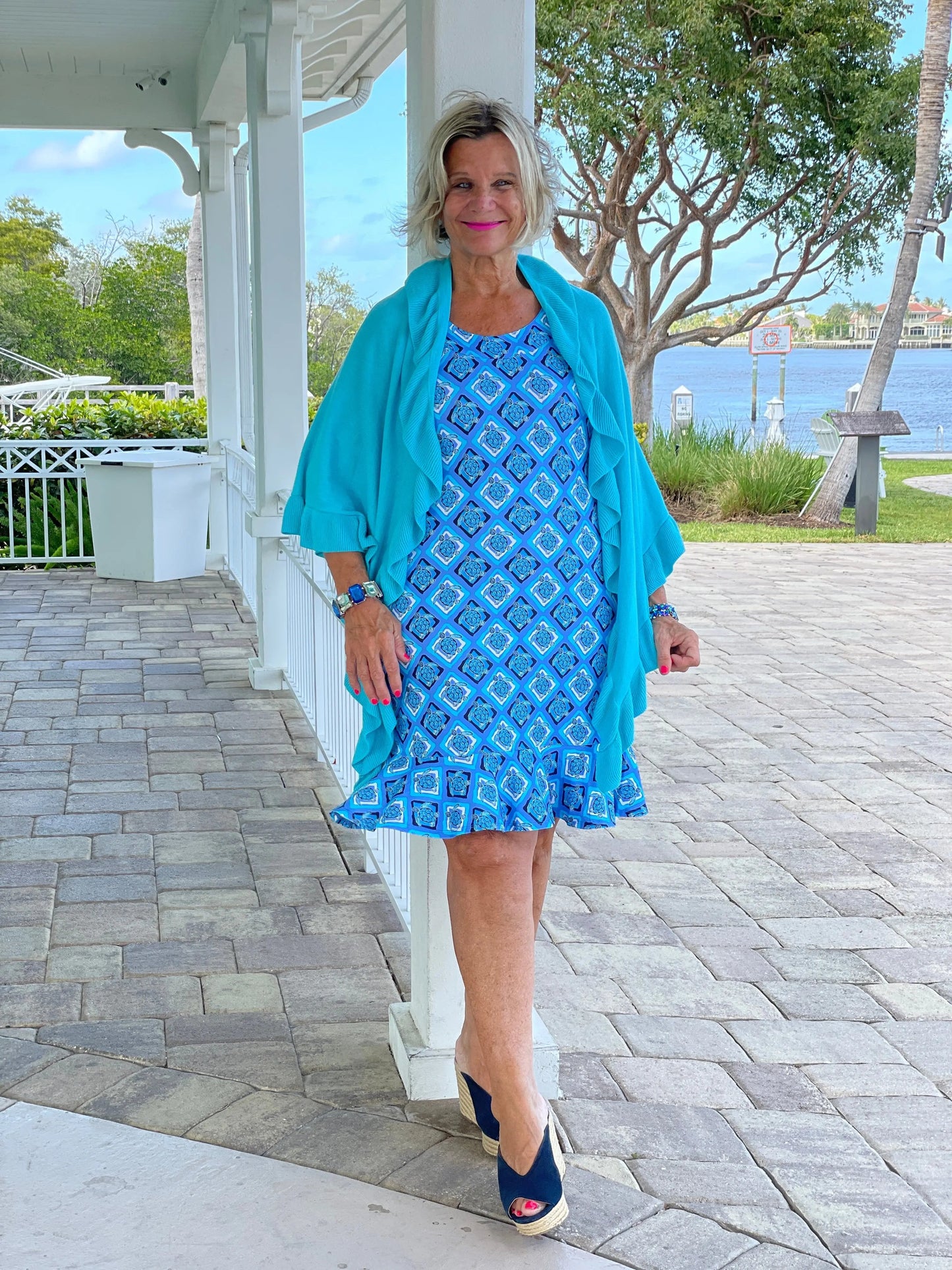 BAHAMA BLUE TURTLE HALTER  RUFFLE DRESS