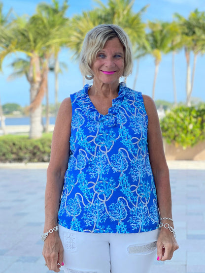 AQUA LANE SLEEVELESS RUFFLE TOP