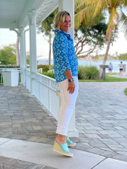 BAHAMA BLUE RUFFLE TOP