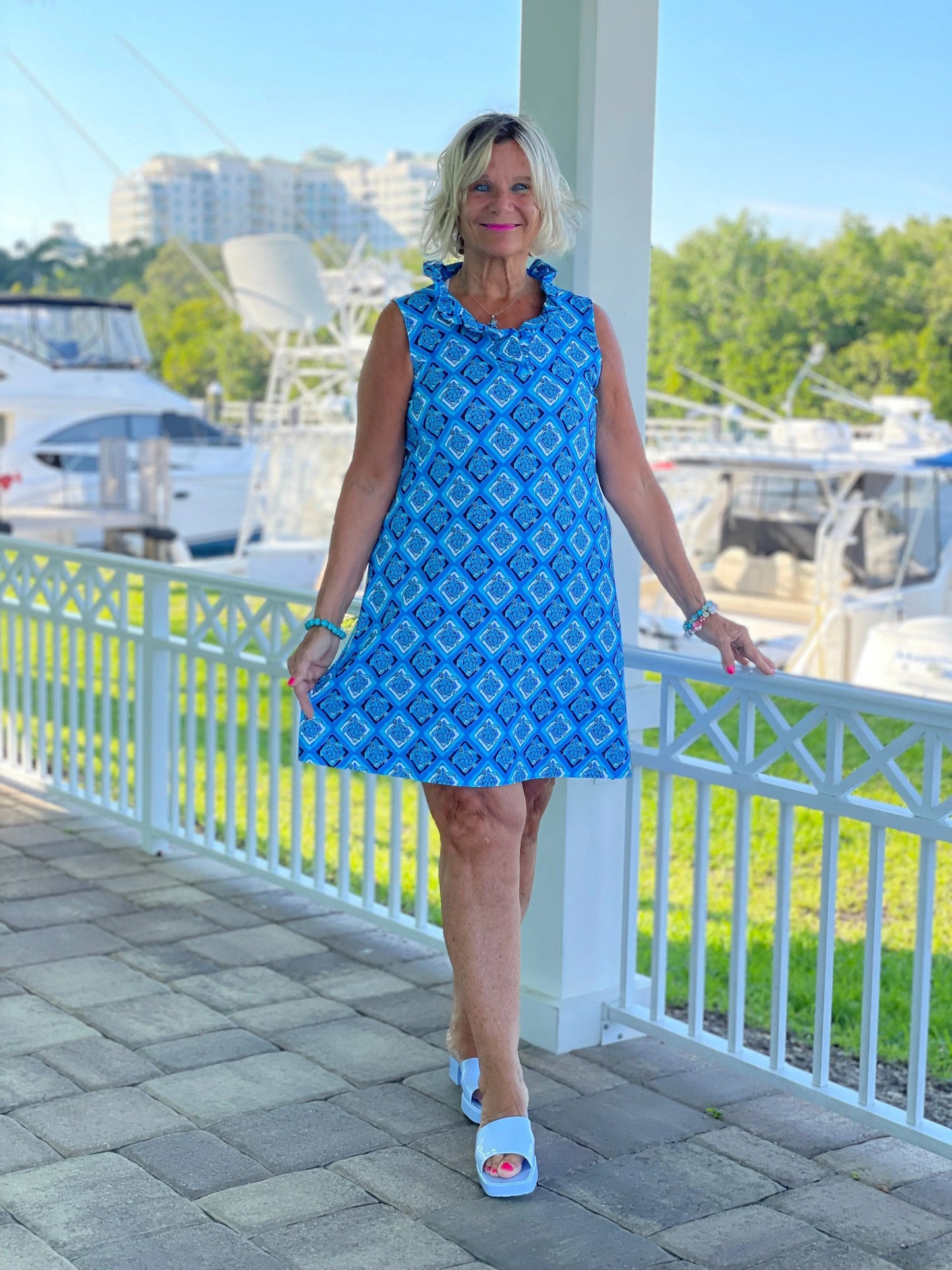 BAHAMA BLUE TURTLE RUFFLE DRESS