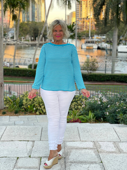 AQUA STRIPE BOATNECK TOP