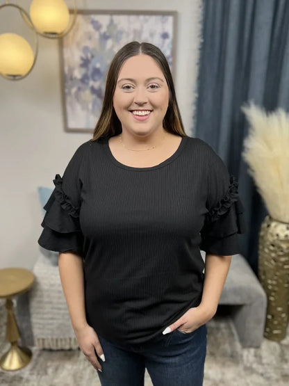 Look Inside You Women's Ribbed Ruffle Short Sleeve Top