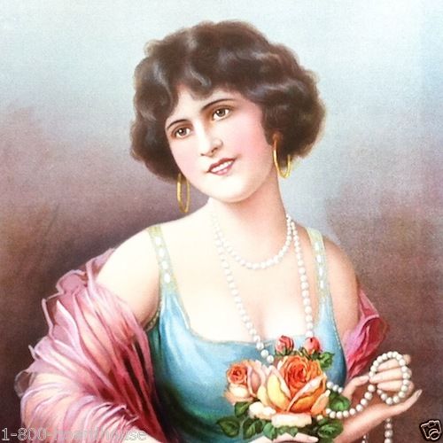 LADY WITH PEARLS Lithograph Art Print 1920s