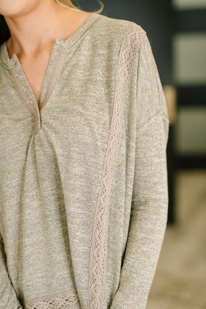 Never Been So Sure Lace Accent Henley Top in Taupe