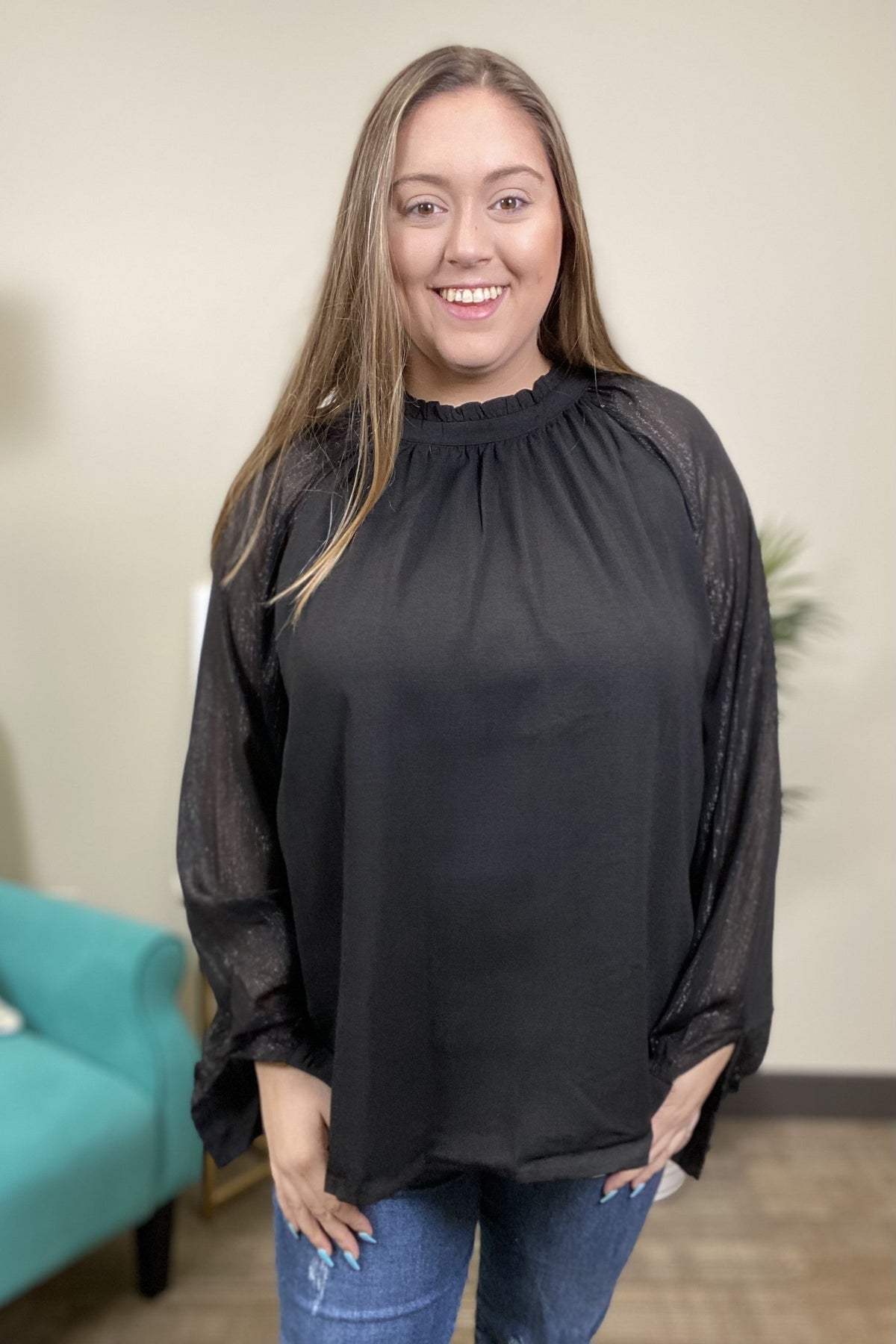 Sheer Elegance Mock Neck Shimmer Long Sleeve Top