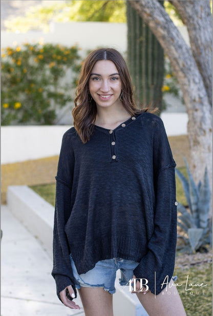 Give Me Buttons Women's Drop Shoulder Exposed Stitch Sweater