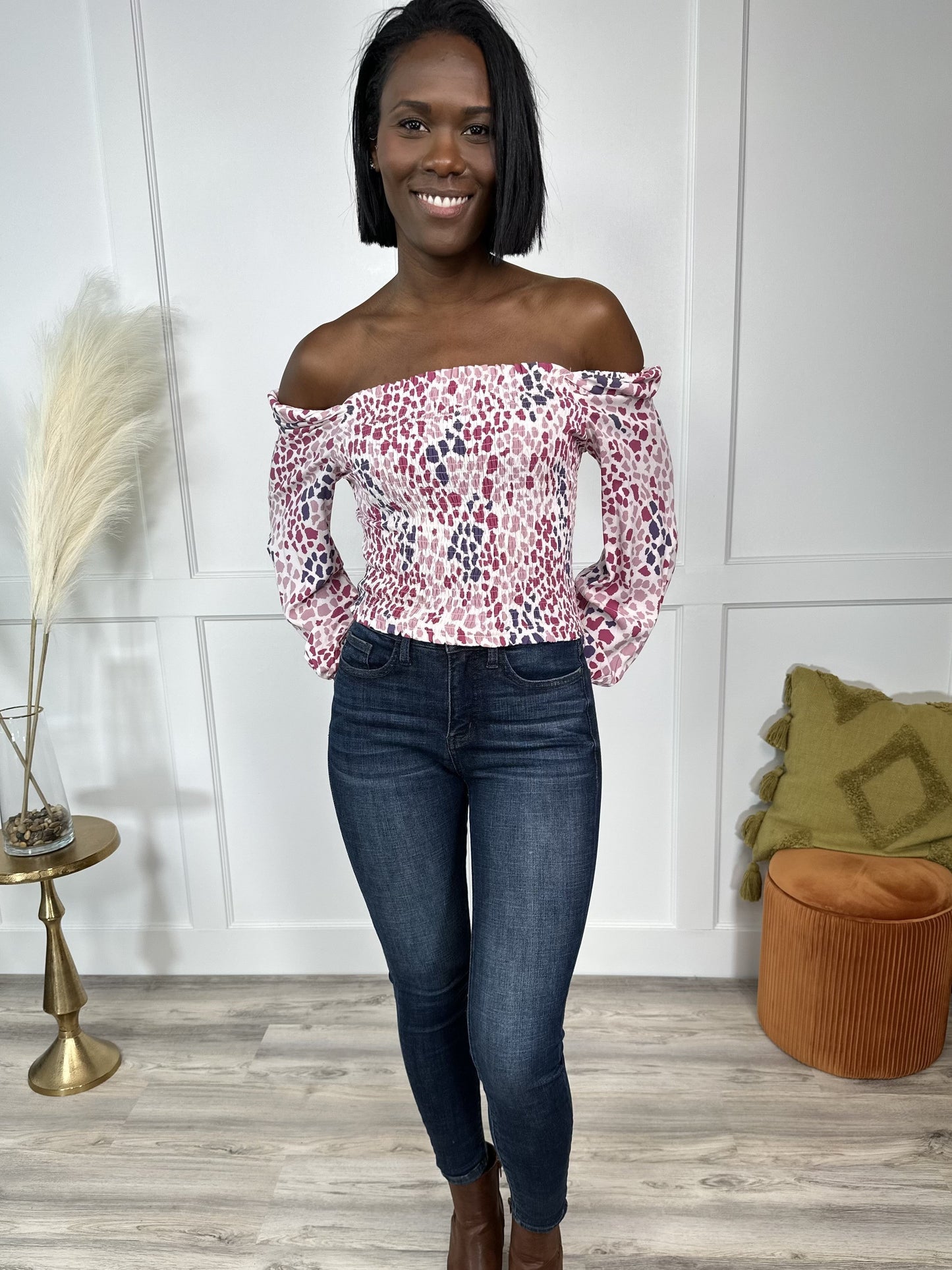 All The Spots Women's Smocked Long Sleeve Top