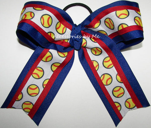 Softball Red Royal Blue Ponytail Holder Bow