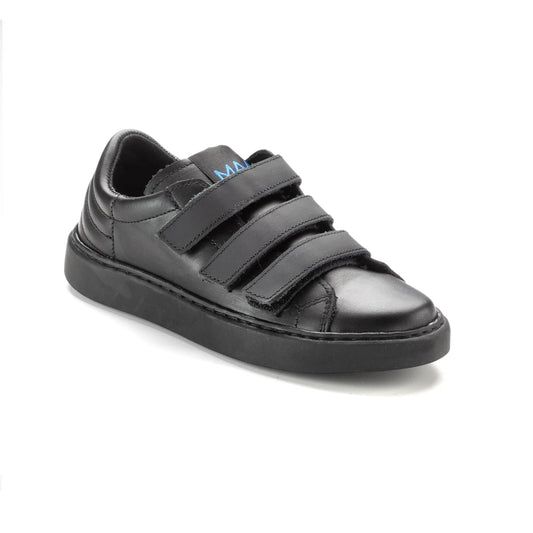 Sunny - Black Leather Boys Double Velcro Sneaker Shoe
