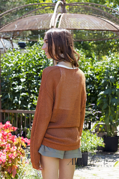 Key Confidence Women's V-Neck Open Knit Long Sleeve Top