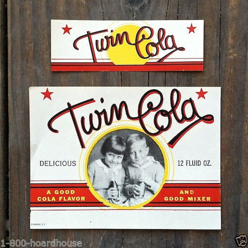 TWIN COLA Soda Bottle & Neck Labels 1930s