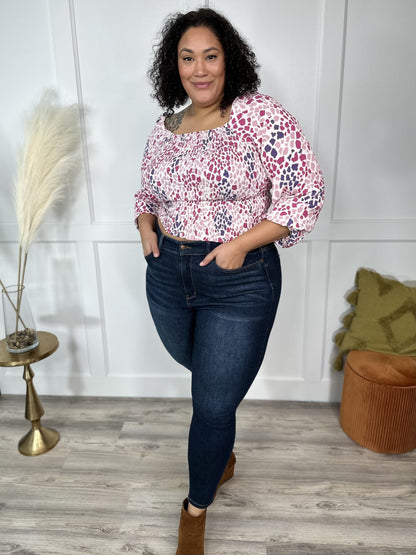 All The Spots Women's Smocked Long Sleeve Top