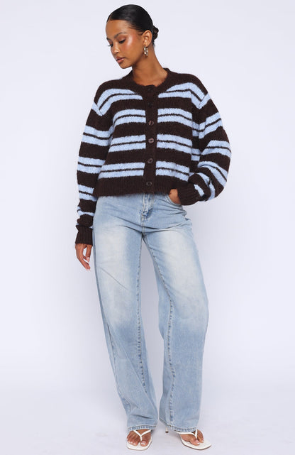 Ice Bae Stripe Knit Cardigan Blueberry Chocolate Stripe