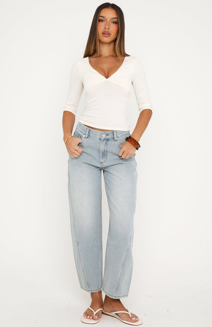 Jessica Mid Rise Cropped Barrel Leg Jeans Light Blue Wash