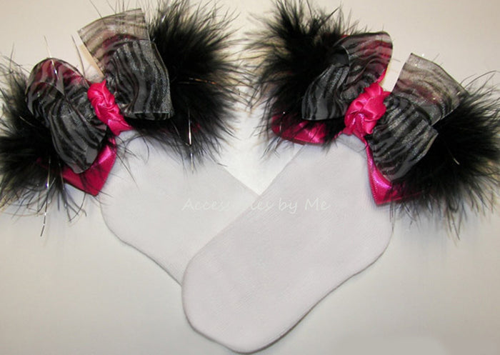 Zebra Organza Hot Pink Marabou Bow Socks
