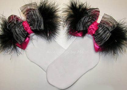 Zebra Organza Hot Pink Marabou Bow Socks